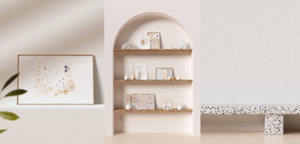 ROCA Design Works のアートプリントを飾った、アーチ型ニッチのある淡いベージュのインテリア
